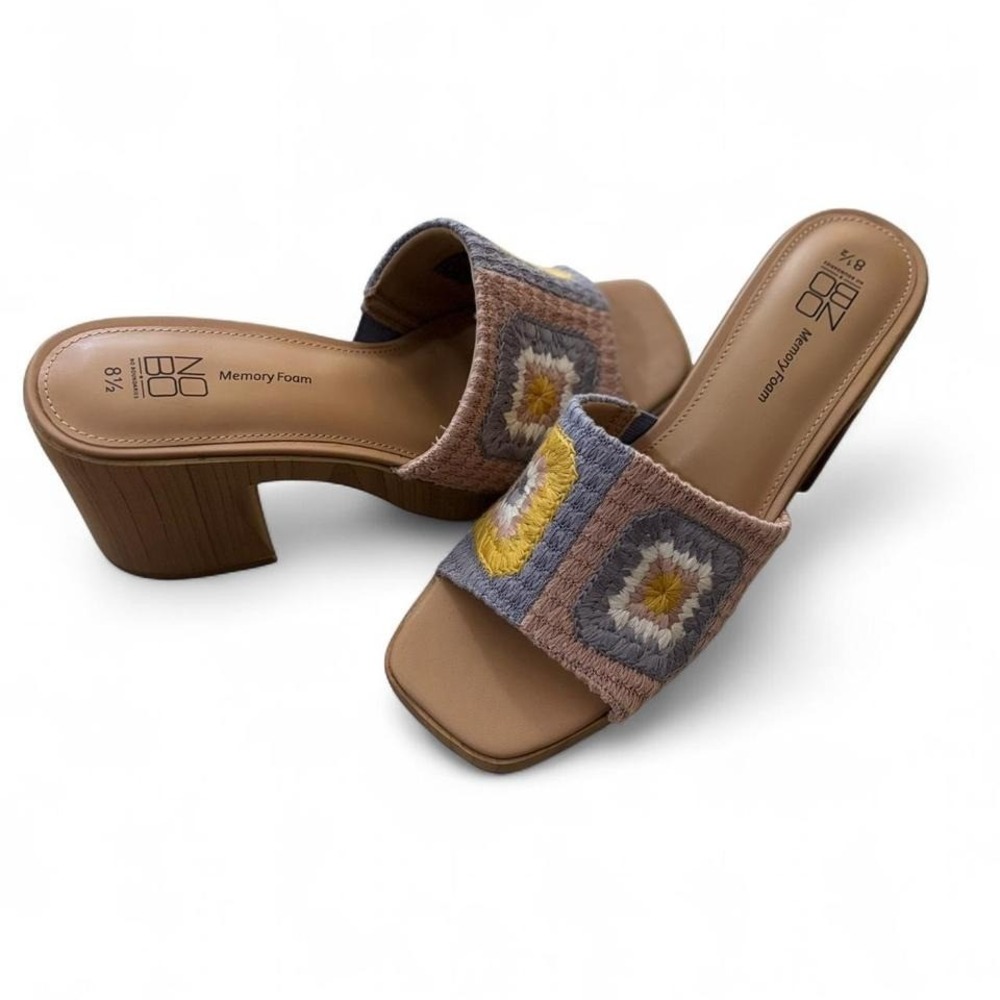Pastel Multi-coloured crochet‎ knit block heel sandals BOHO Granny Square No Bo